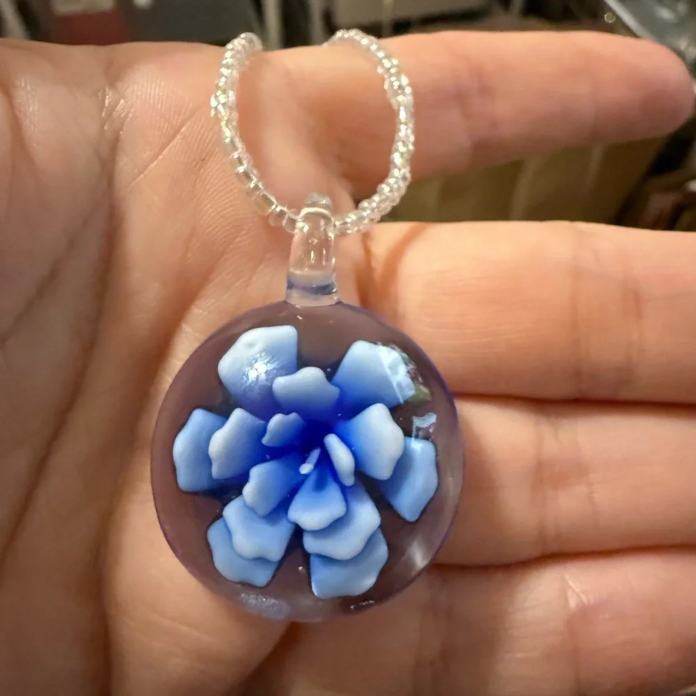 Blue Floral Glass‎ Pendant Necklace